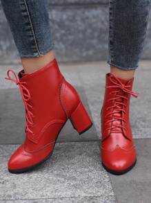 Vintage Autumn & Winter Block Heel Boots For Women, Pu, Front Lace-up, Red - Red - View 3
