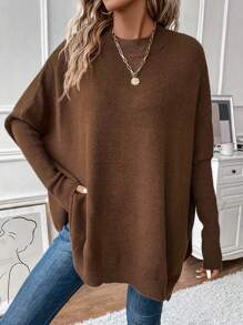 SHEIN Clasi 蝙蝠袖开衩下摆蝙蝠袖针织套头衫秋冬毛衣 - 棕色 - 查看 3