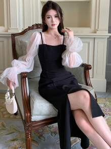 DAZY Contrast Mesh Flounce Sleeve Split Thigh Dress Prom Dress,Ruffle,Fall Dress Elegant Women Dresses - Black - View 7