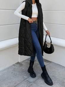 RueChic Zip Up Hooded Quilted Vest Coat - Black - View 5