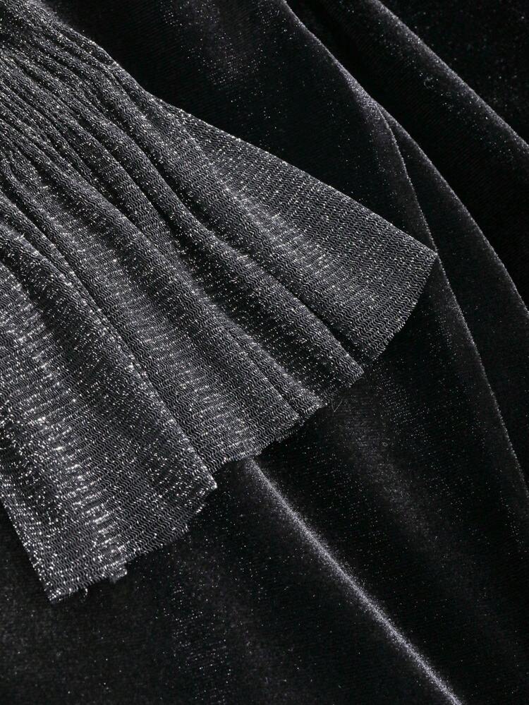 Contrast Mesh Flounce Sleeve Mermaid Hem Velvet Dress, Birthday ,New Year Eve Prom Dress,Fall Dress Long Sleeve Dress Elegant Women Dresses