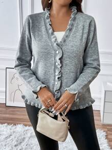 Vionelle Áo len cardigan thiết kế thường ngày viền bèo cỡ lớn, cho mùa đông - Xám - Xem 5