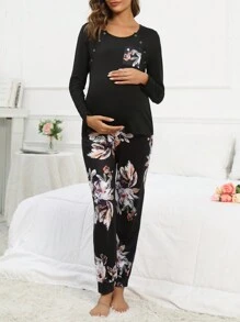 SHEIN Set pigiama/Pigiama per gestanti con stampa floreale e tasche