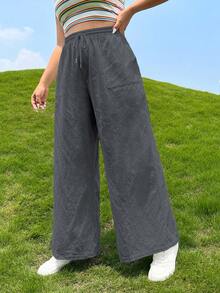 SHEIN EZwear 大碼腰部抽繩闊腿褲 - 灰色 - 查看 5