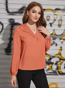SHEIN Clasi V領燈籠袖素色上衣 - 珊瑚橙 - 查看 3