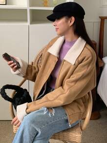 DAZY Borg Collar Raglan Sleeve Zip Up Jacket - Khaki - View 6