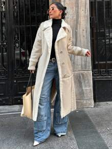 RueChic Lapel Neck Drop Shoulder Longline Coat - Beige - View 8