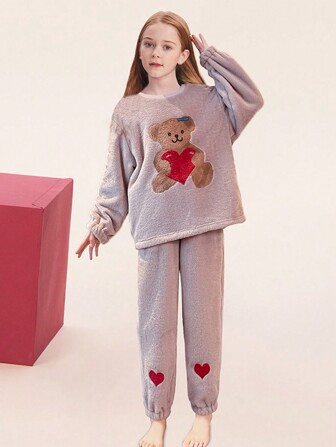 Tween Girl Bear Embroidery Drop Shoulder Flannel Pullover & Pants