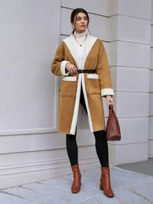 Chiquease 雙口袋落肩袖毛絨內襯外套不附腰帶 - 棕色 - 查看 4