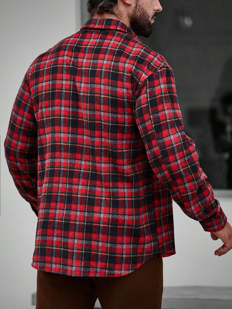 Loose Fit Plaid Print Pocketed Overcoat For Men