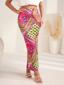 SHEIN LUNE Pañuelo con estampado de retazo Falda de lápiz - Multicolor - Ver 1