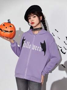 Teen Girls Letter Graphic Zip Up Drop Shoulder Hoodie