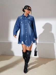 SHEIN ICON Cộng thêm váy denim viền cong thô cắt thô - Màu xanh lam - Xem 3