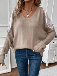 SHEIN LUNE Contrast Lace Batwing Sleeve Sweater - Mocha Brown - View 3