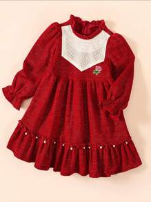 Tween Girl Floral Embroidery Flare Sleeve Ruffle Hem Dress