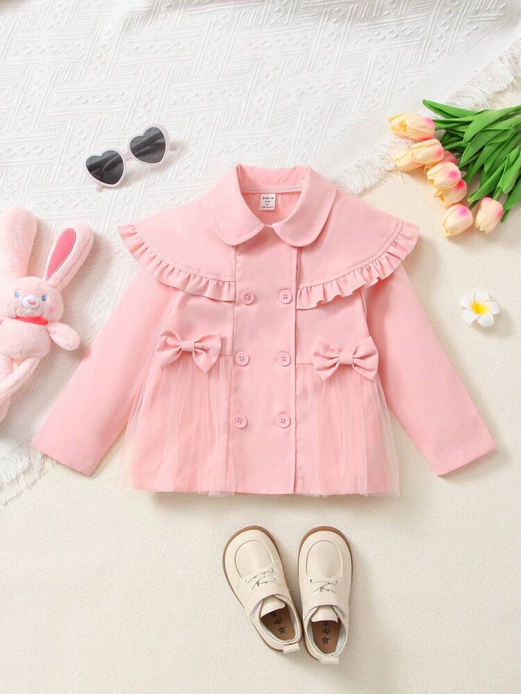 Young Girl Ruffle Trim Double Breasted Bow Front Mesh Detail Trench Coat