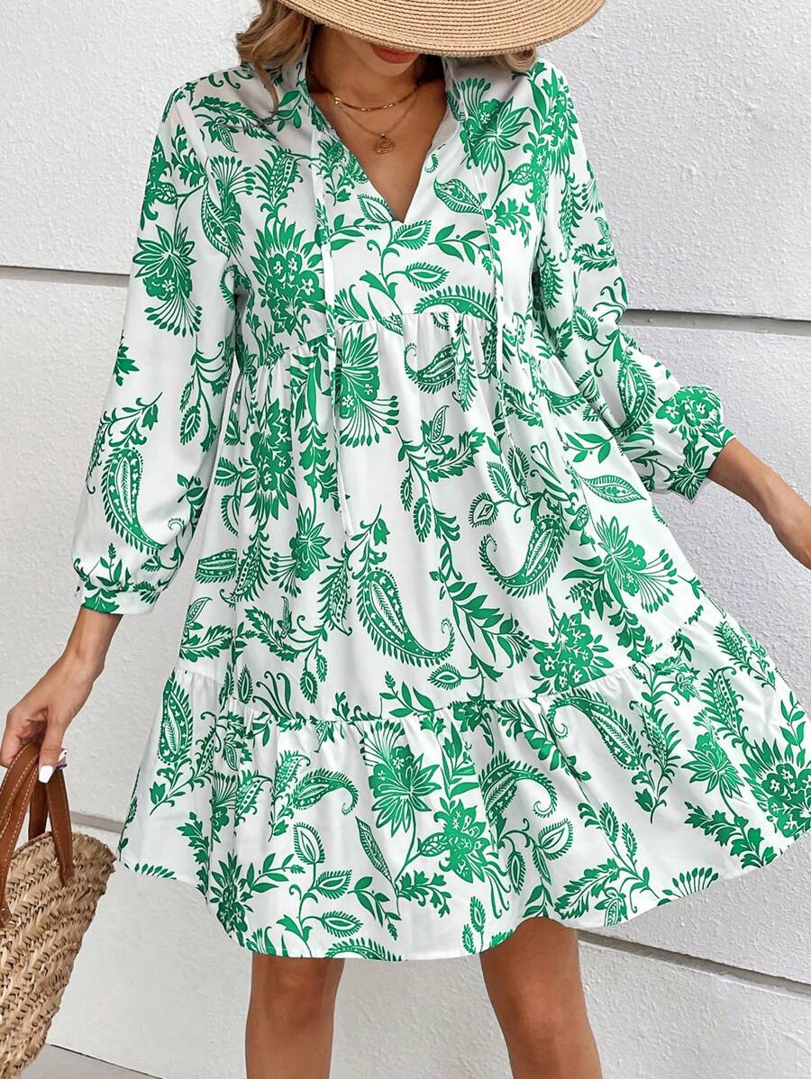 Chiquease 佩斯利印花缺口領荷葉邊娃娃裙 - 綠色 - 查看 1