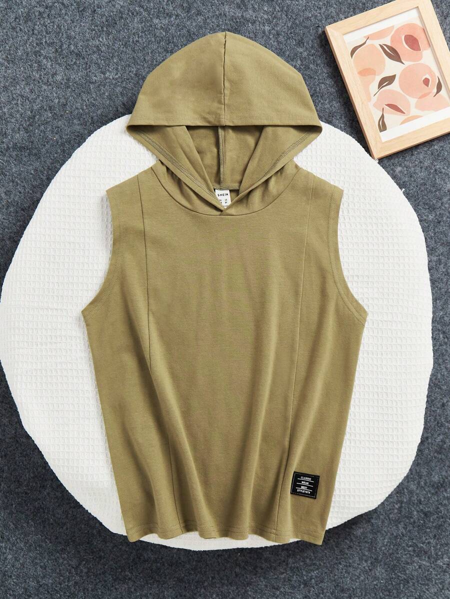 SHEIN Chico preadolescente Top tank con parche de letra con capucha - Verde militar - Ver 1