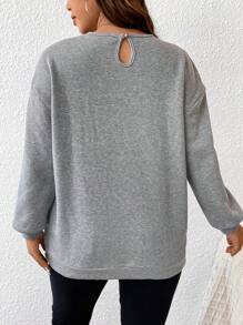 SHEIN Frenchy Plus Guipure Lace Insert Drop Shoulder Sweatshirt Winter Fall Autumn - Grey - View 2