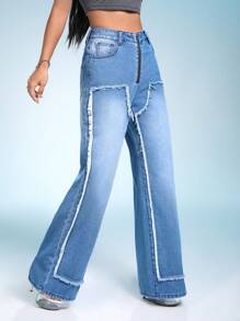 SHEIN ICON Zíper Mosca Acabamento Bruto Perna Larga Jeans - Azul - Ver 6