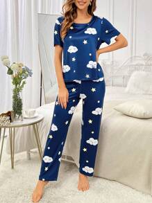 Cloud & Star Print PJ Set - Navy Blue - View 6
