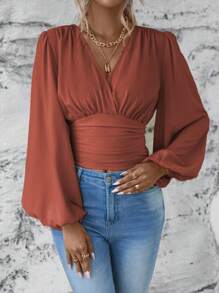Wandoria Lantern Sleeve Ruched Blouse,Long Sleeve Tops - Rust Brown - View 5