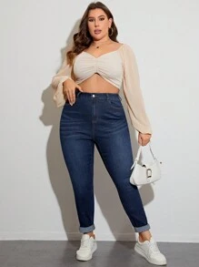 SHEIN Privé Plus Zipper Fly Skinny Jeans - Blue - View 4