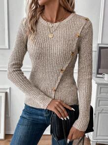 SHEIN LUNE Chi tiết Nút Viền không đối xứng Chi tiết Nút Đồ đan Ribbed Áo len - Màu Khaki - Xem 6