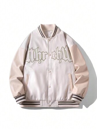 Men Letter Graphic Striped Trim Drop Shoulder Varsity Jacket