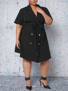 SHEIN CURVE+ Plus Lapel Neck Double Breasted Belted Blazer Dress - Black - View 3
