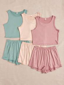 3 件纯色背心和 3 件短裤休闲套装 - 彩色 - 查看 4