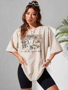 SHEIN EZwear Cattle & Slogan Graphic Drop Shoulder Tee - Apricot - View 3