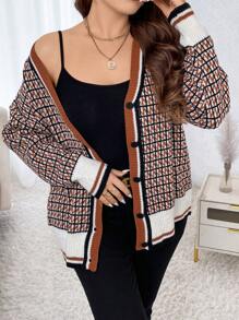 SHEIN LUNE Plus Size Houndstooth Pattern Cardigan Fall Winter Cloth For Women Autumn - Multicolor - View 3