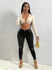 SHEIN SXY Ripped Skinny Jeans - Black - View 3