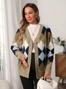 SHEIN Maternity Argyle Pattern Button Front Cardigan, For Winter - Multicolor - View 1
