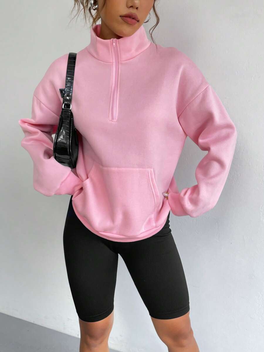 SHEIN EZwear 半拉鏈袋鼠口袋落肩袖運動衫 - 粉色 - 查看 1