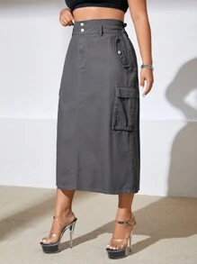 SHEIN ICON 大碼側翻蓋口袋牛仔半身裙 - 灰色 - 查看 4