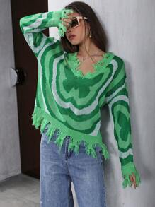 SHEIN Unity 蝴蝶图案做旧滚边落肩针织套头衫秋冬毛衣 - 綠色 - 查看 5