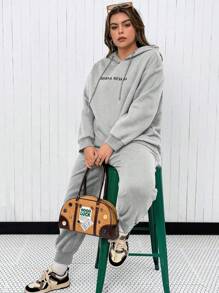 Flirla 大碼字母圖案落肩袖抽繩連帽衫和運動褲 - 淺灰色 - 查看 7