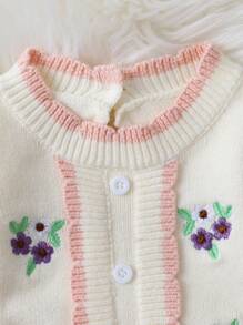 女孩嬰兒花卉刺繡撞色滾邊麻花編織連身背心 - 杏色 - 查看 6