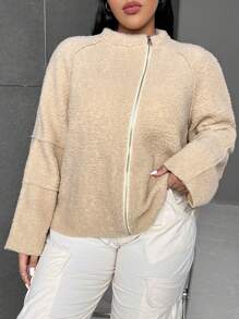 SHEIN EZwear Hơn Dây kéo Tay Raglan Áo Teddy Jackets - Màu be - Xem 1