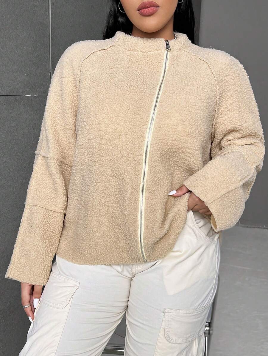 SHEIN EZwear Hơn Dây kéo Tay Raglan Áo Teddy Jackets - Màu be - Xem 1