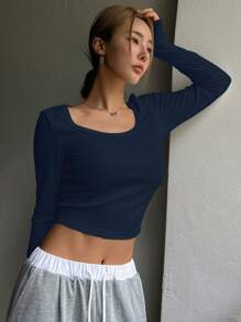 DAZY Solid Scoop Neck Crop Tee - Navy Blue - View 5