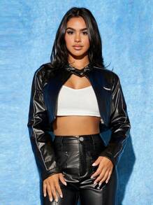 SHEIN PETITE Letter Patched Detail Crop PU Leather Jacket - Black - View 7