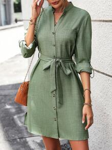 SHEIN LUNE 捲邊袖腰帶襯衫連衣裙 - 綠色 - 查看 7
