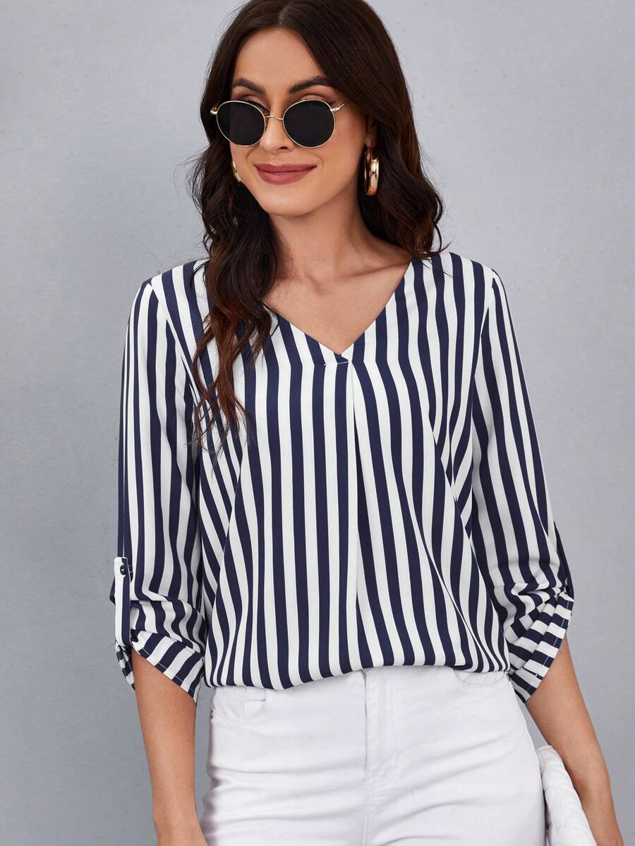 SHEIN Clasi 條紋印花捲邊袖襯衫 - 藍白色 - 查看 1