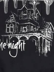 ROMWE MEN Goth Guys Letter & Building Print Drawstring Hoodie - Black - View 4