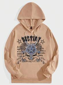 ROMWE MEN Grunge Punk 男士字母與骷髏印花抽繩連帽衫 - 卡其色 - 查看 1