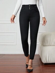 SHEIN LUNE Denim mùa giặt Quần jean ôm - màu đen - Xem 4