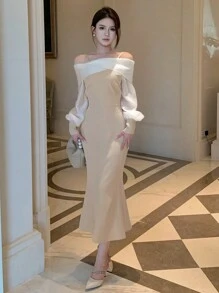 DAZY 露肩灯笼袖鱼尾连衣裙，生日、新年、舞会优雅礼服，秋季长袖连衣裙，婚礼女装，长款连衣裙 - 杏色 - 查看 7